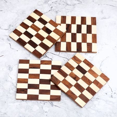 White and Brown Handcrafted Wooden Coasters - Pack of 4